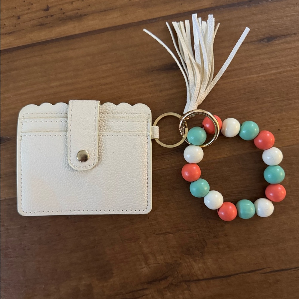 Cream Card Holder with Beaded Keychain